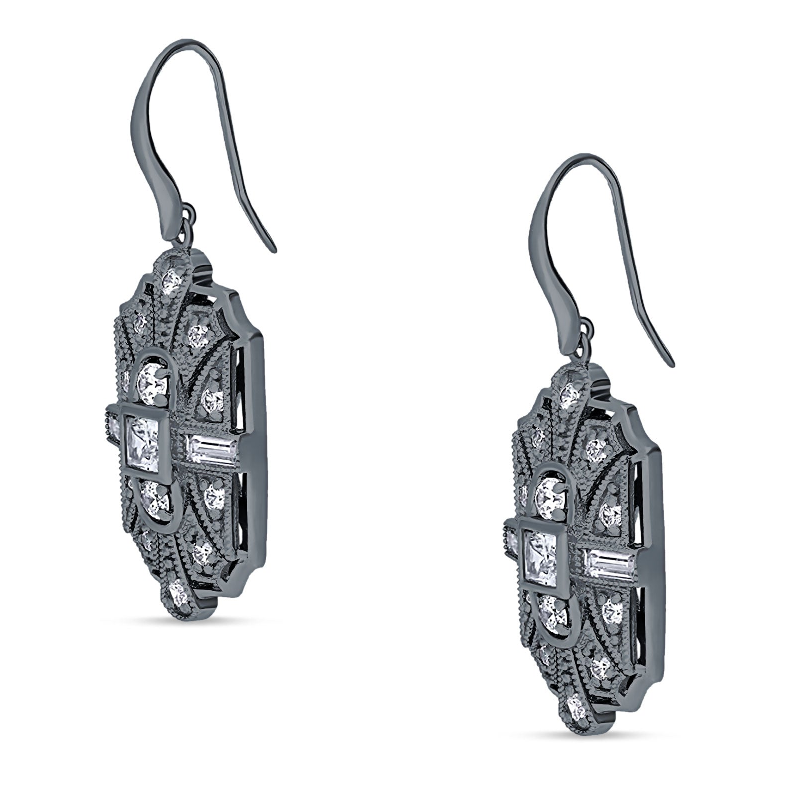 Milgrain Fishhook Earrings Cubic Zirconia 925 Sterling Silver