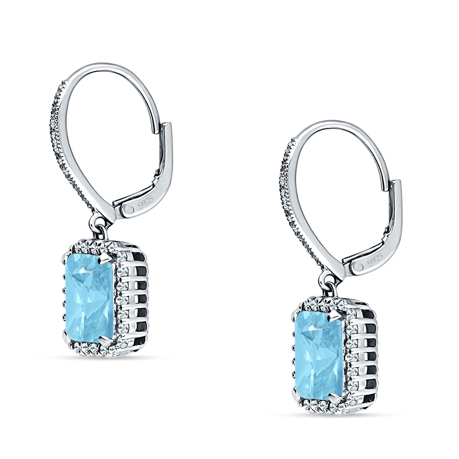 Emerald Cut Dangle Drop Leverback Earrings Cubic Zirconia 925 Sterling Silver