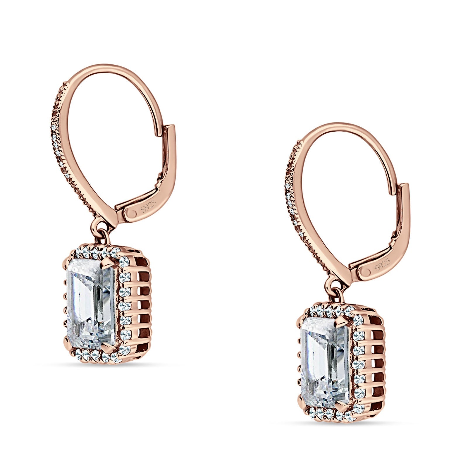 Emerald Cut Dangle Drop Leverback Earrings Cubic Zirconia 925 Sterling Silver