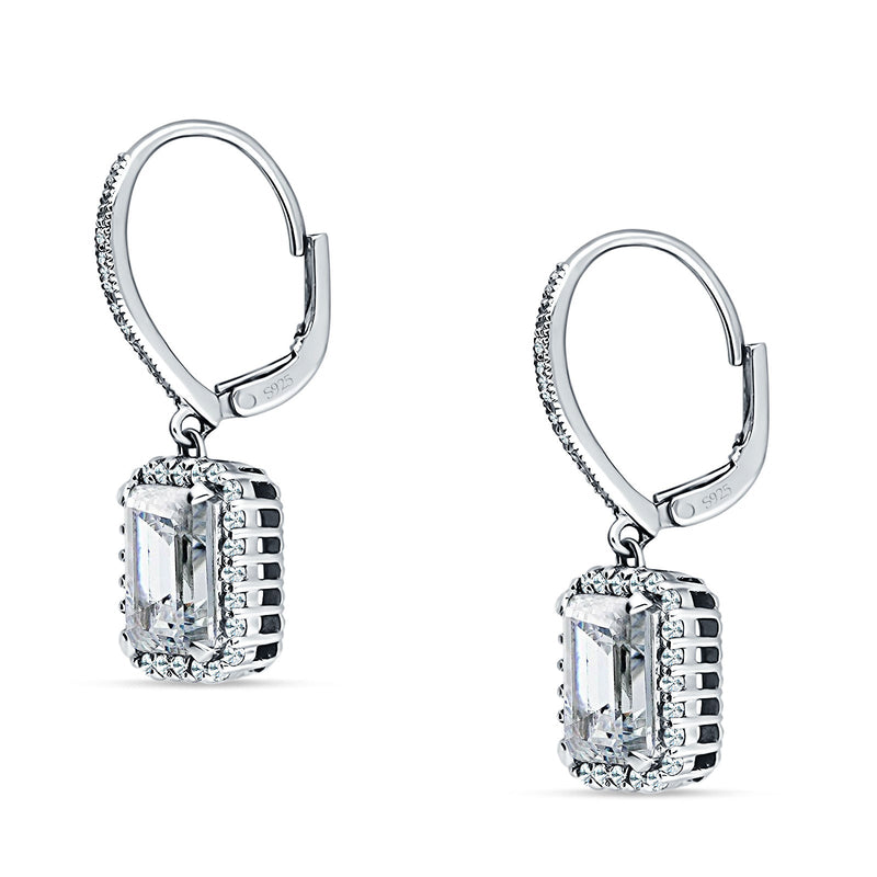 Emerald Cut Dangle Drop Leverback Earrings Cubic Zirconia 925 Sterling Silver