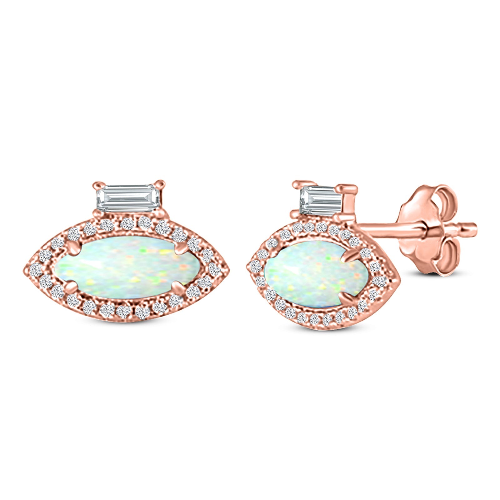 Halo Marquise Art Deco Stud Earring Created Opal 925 Sterling Silver (10.9mm)