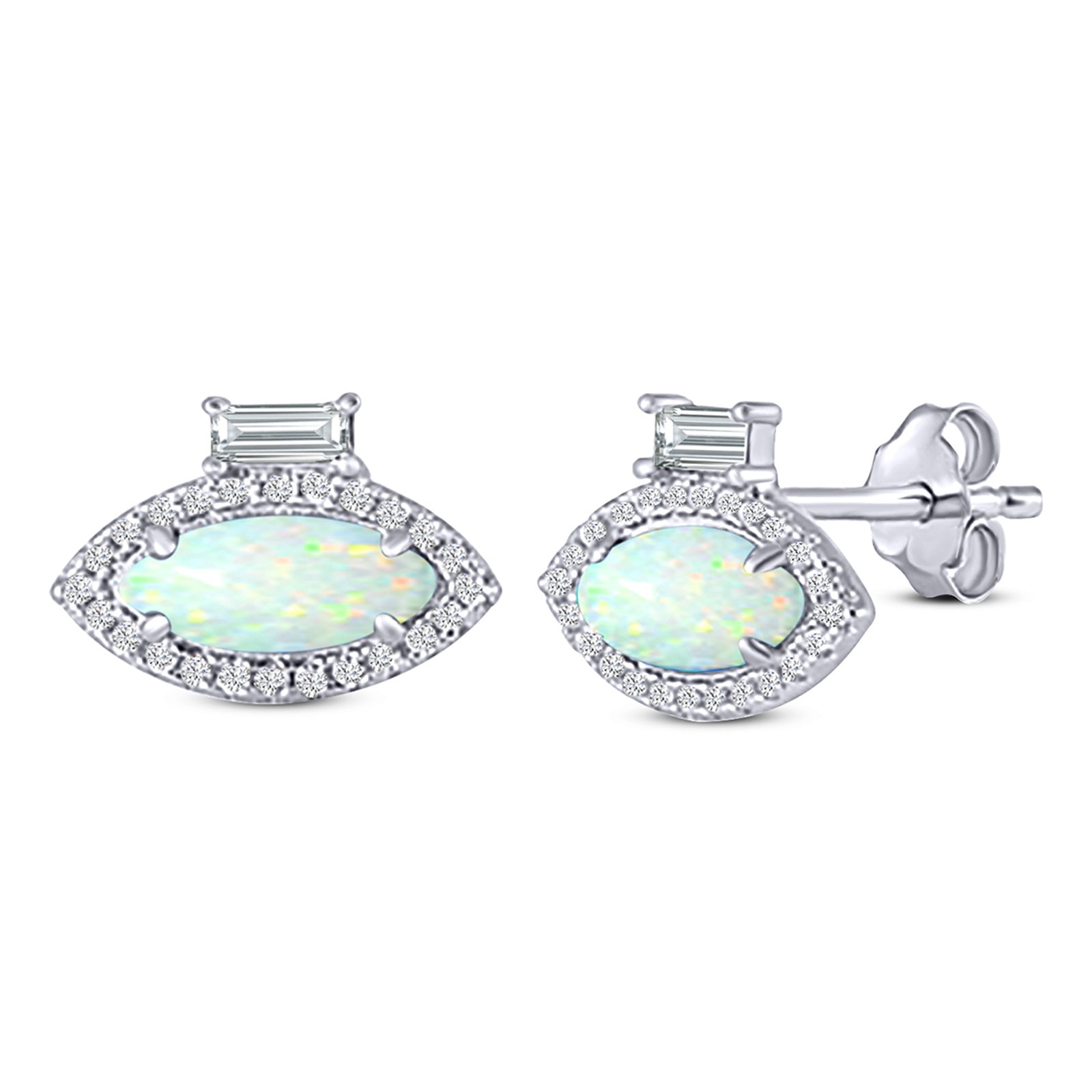 Halo Marquise Art Deco Stud Earring Created Opal 925 Sterling Silver (10.9mm)