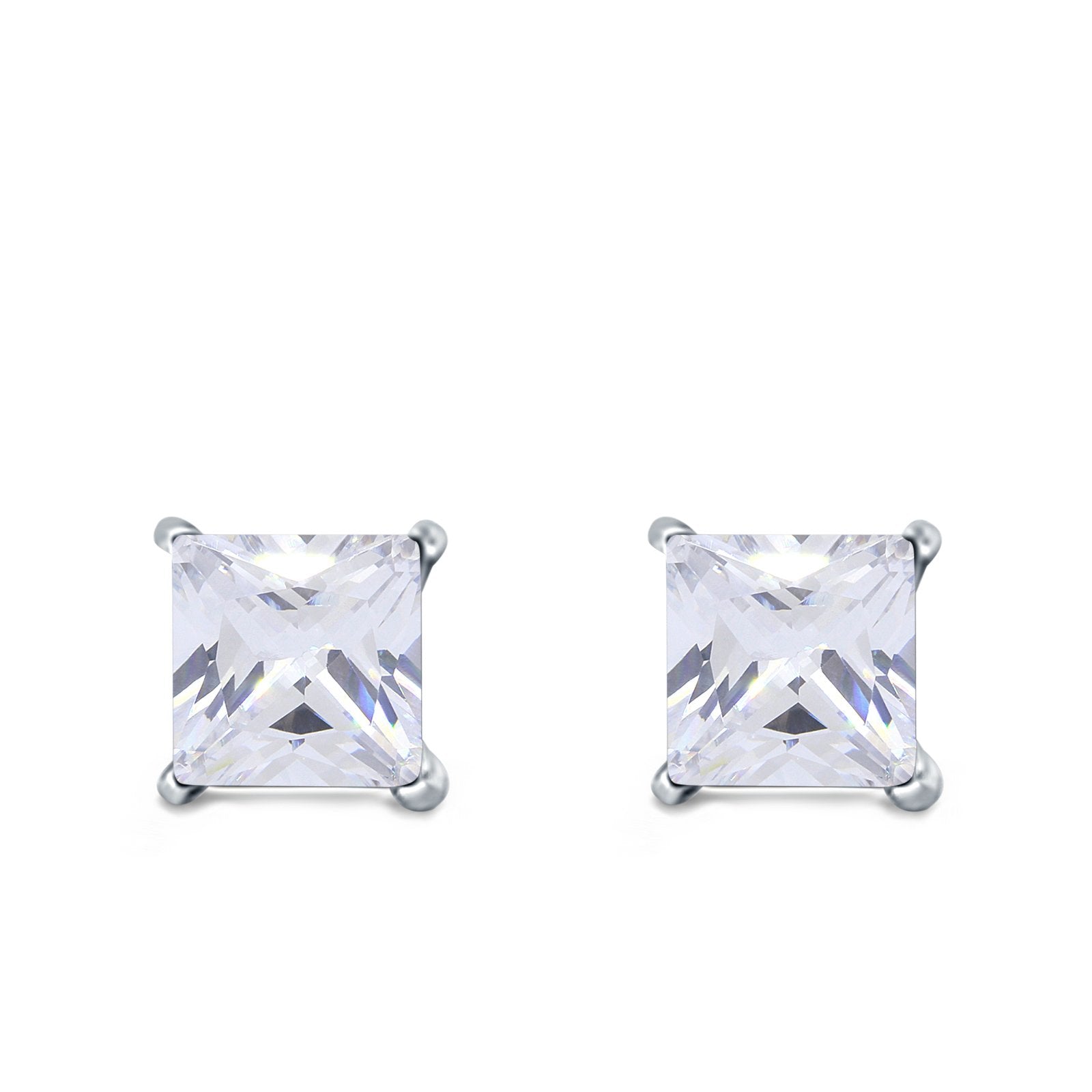 Halo Stud Earrings Princess Cut Simulated Cubic Zirconia 925 Sterling Silver (4mm-10mm)
