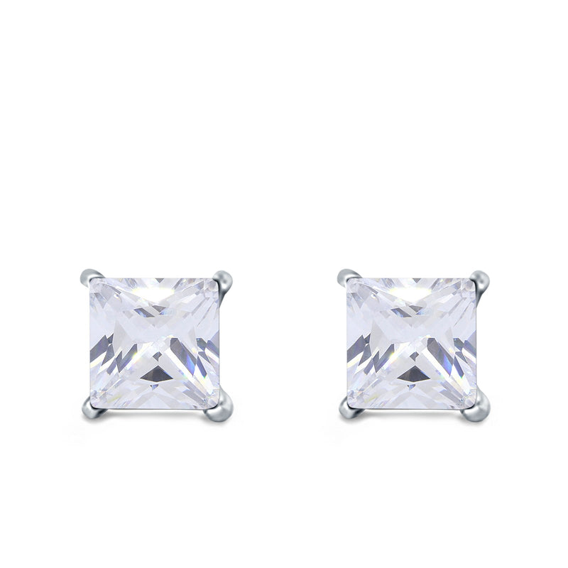 Halo Stud Earrings Princess Cut Simulated Cubic Zirconia 925 Sterling Silver (4mm-10mm)