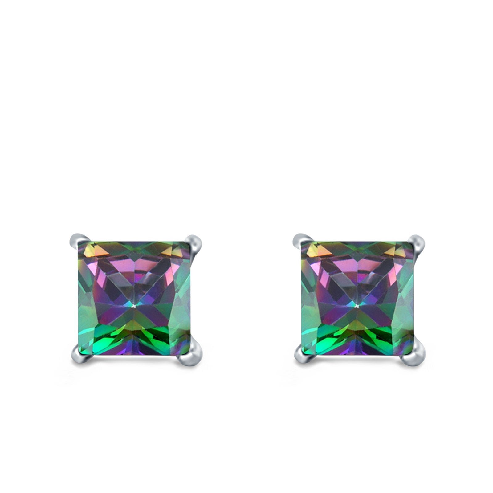 Halo Stud Earrings Princess Cut Simulated Cubic Zirconia 925 Sterling Silver (4mm-10mm)