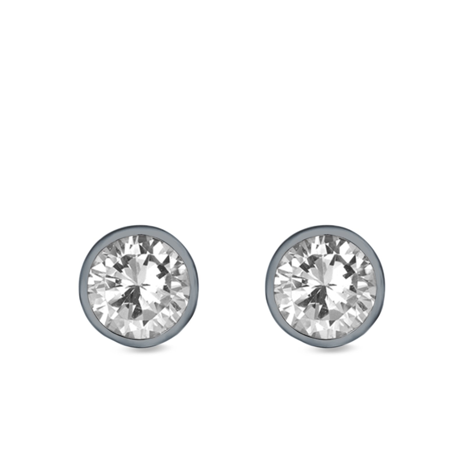 Bezel Stud Earrings Round Simulated Cubic Zirconia 925 Sterling Silver (4mm-9mm)