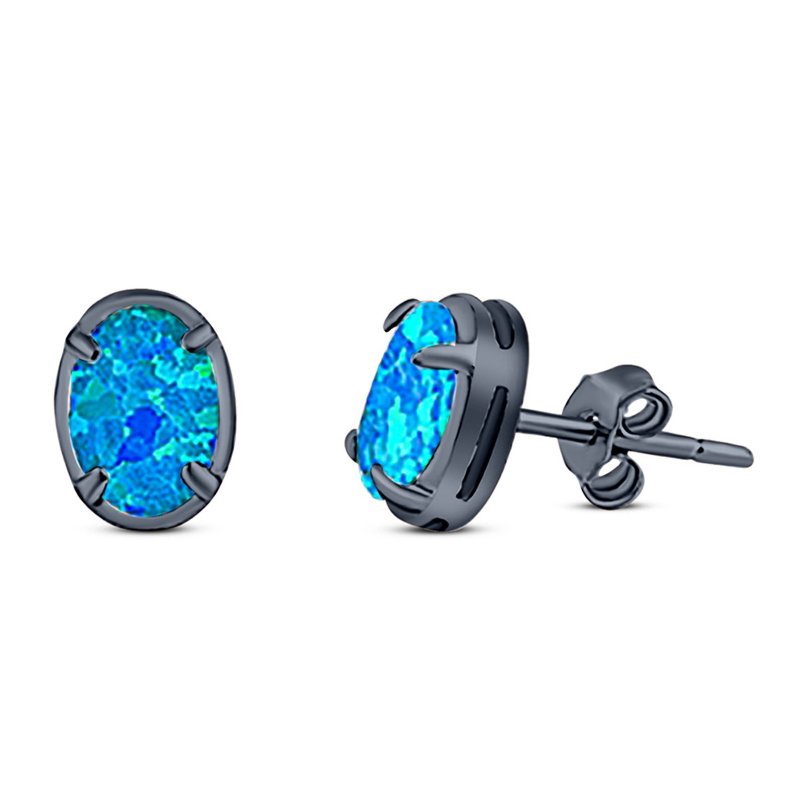 Art Deco Oval Stud Earring Created Opal Solid 925 Sterling Silver (8mm)