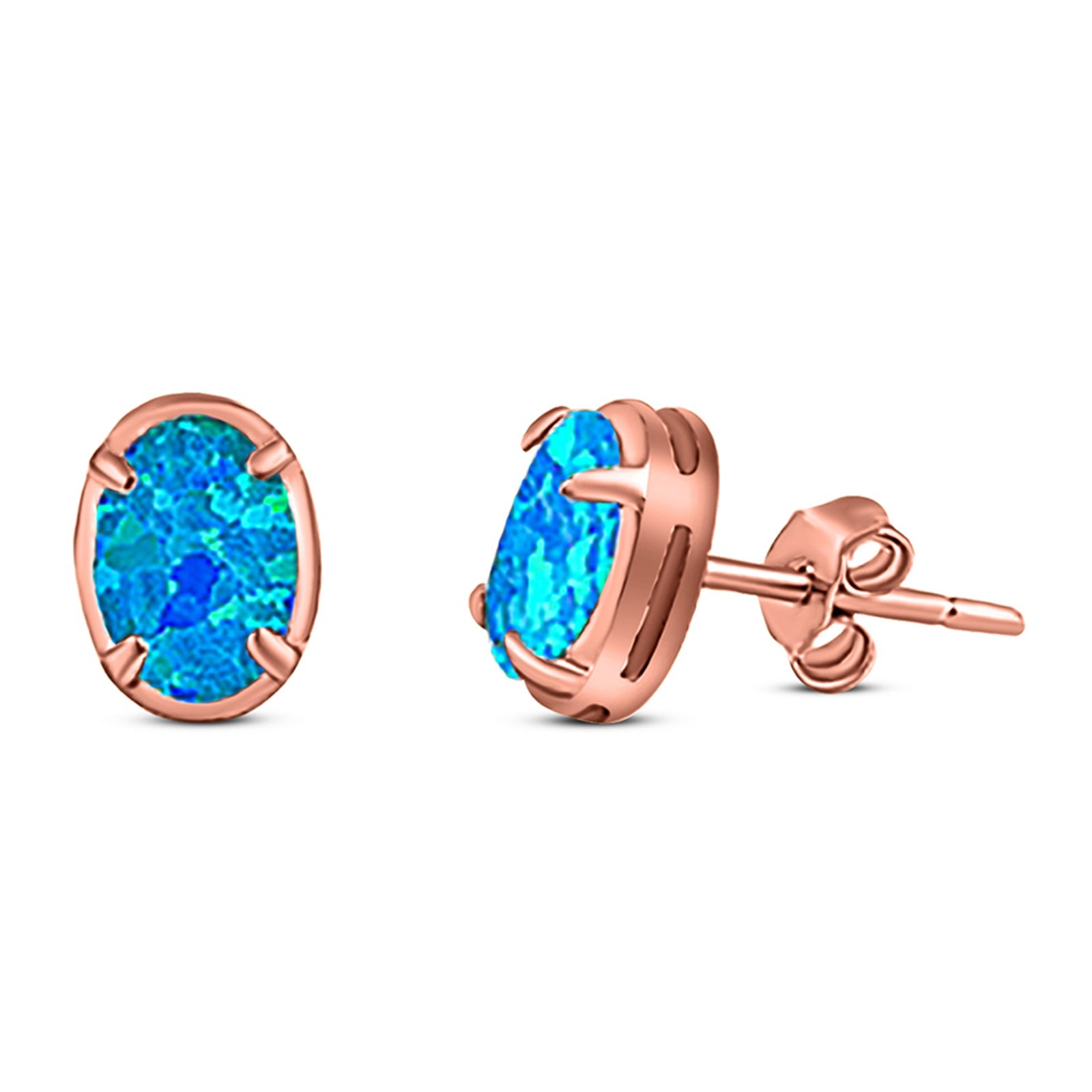 Art Deco Oval Stud Earring Created Opal Solid 925 Sterling Silver (8mm)