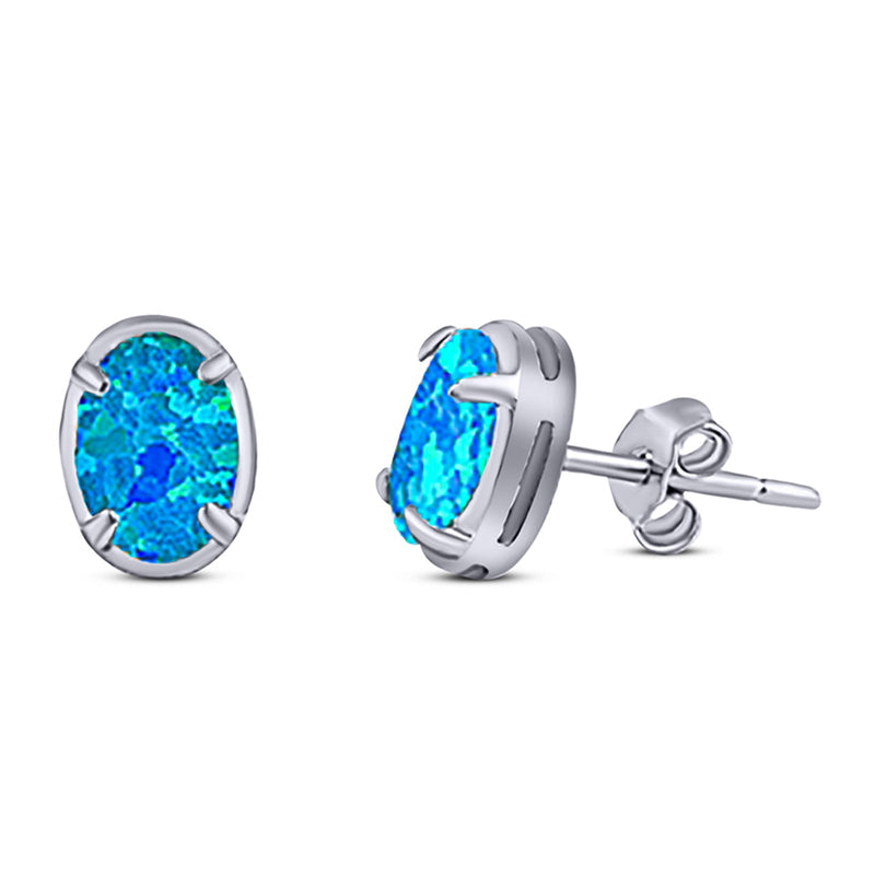 Art Deco Oval Stud Earring Created Opal Solid 925 Sterling Silver (8mm)