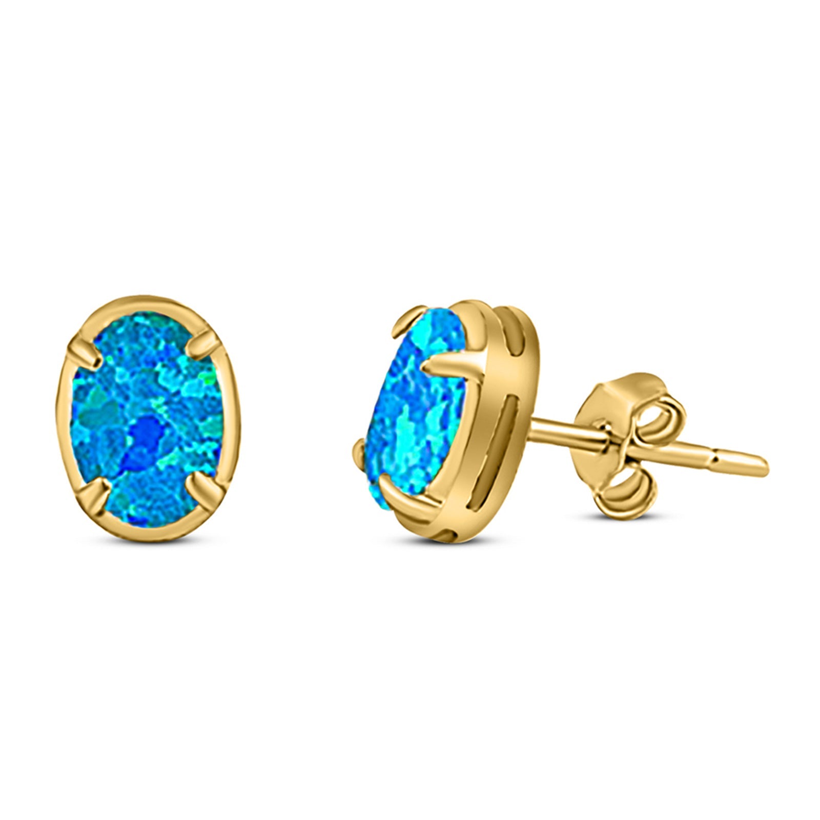 Art Deco Oval Stud Earring Created Opal Solid 925 Sterling Silver (8mm)