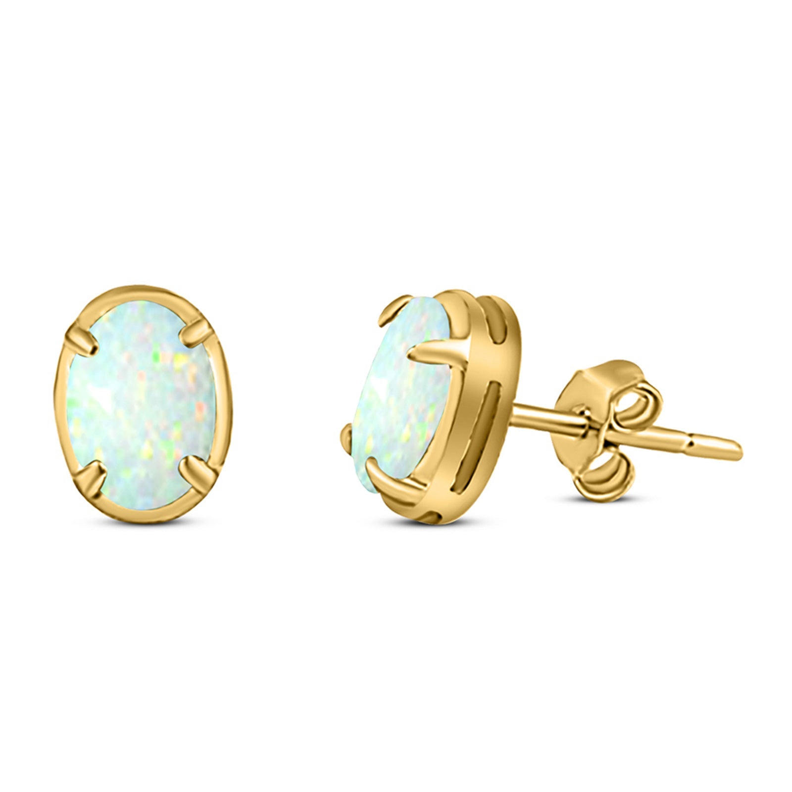 Art Deco Oval Stud Earring Created Opal Solid 925 Sterling Silver (8mm)