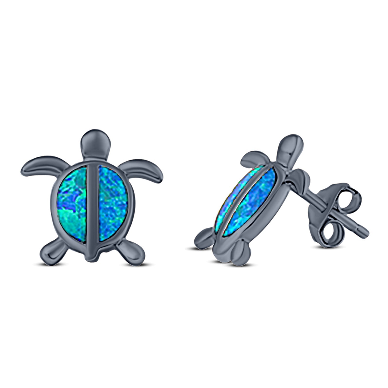 Turtle Stud Earring Created Opal Solid 925 Sterling Silver (14mm)
