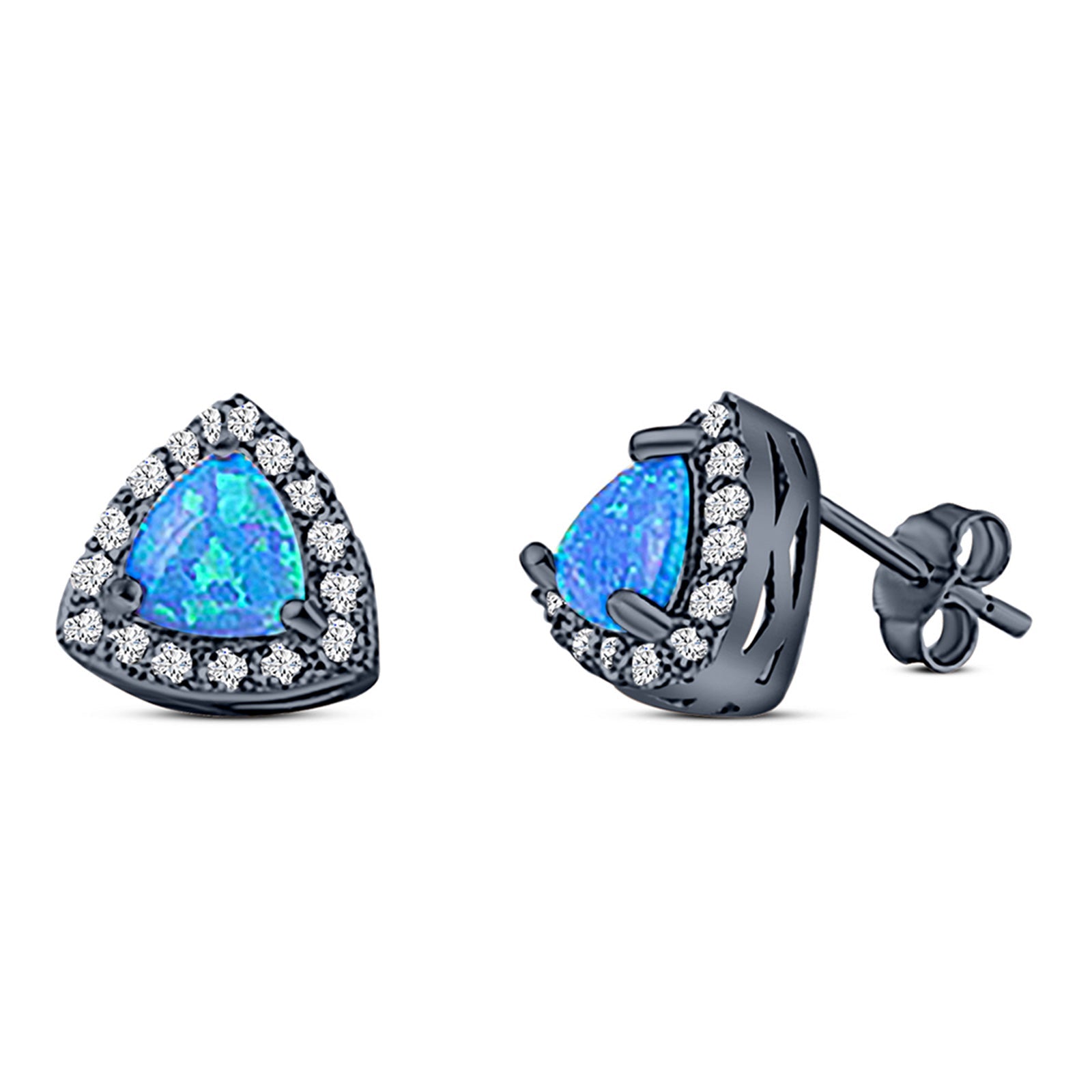 Halo Art Deco Trillion Triangle Stud Earring Created Opal Solid 925 Sterling Silver (9mm)