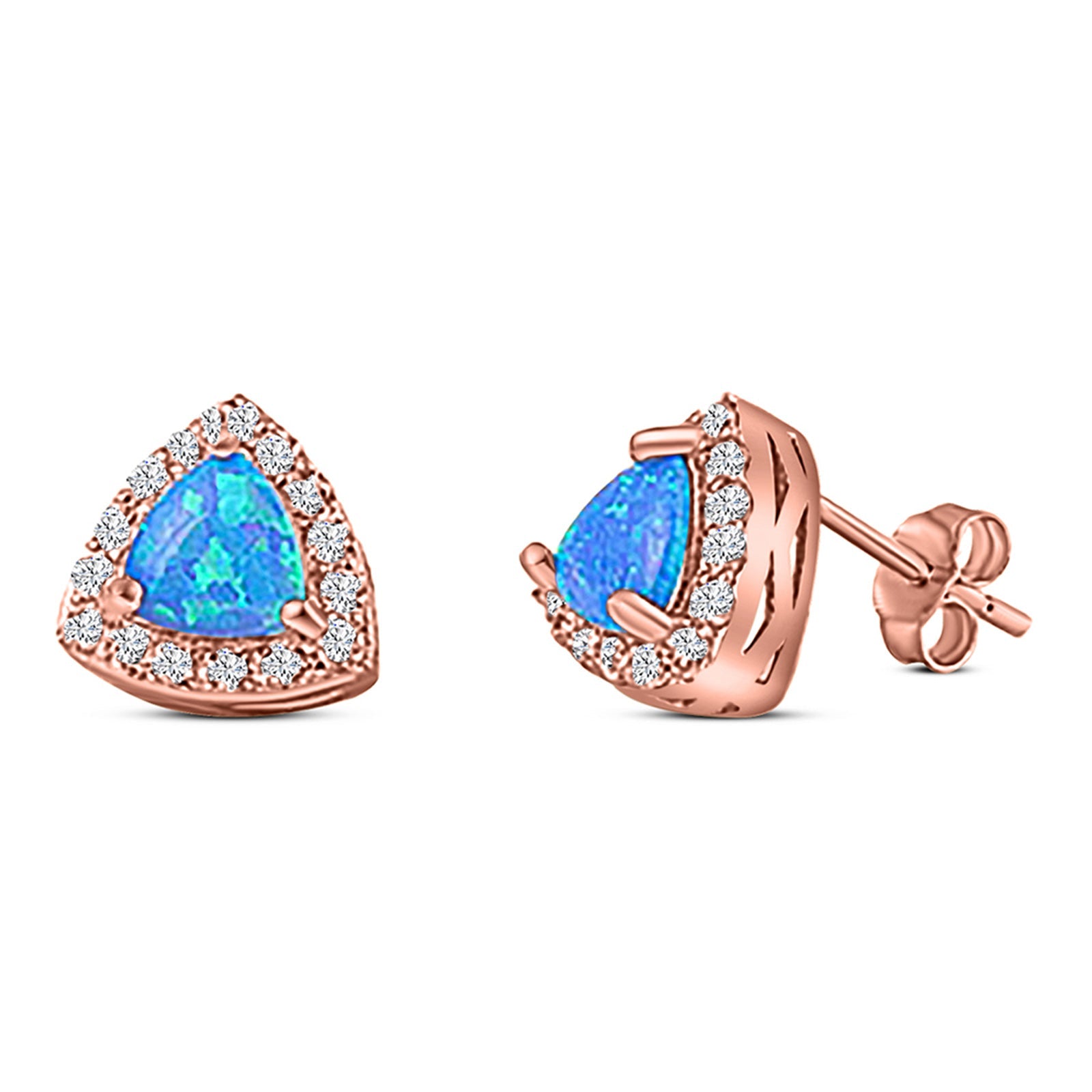 Halo Art Deco Trillion Triangle Stud Earring Created Opal Solid 925 Sterling Silver (9mm)