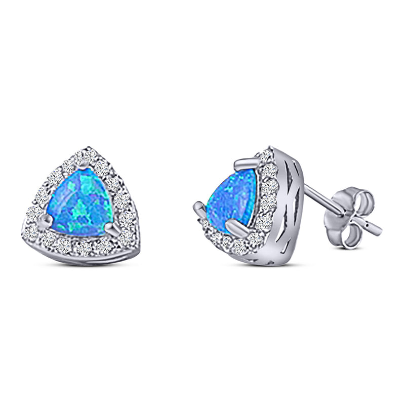 Halo Art Deco Trillion Triangle Stud Earring Created Opal Solid 925 Sterling Silver (9mm)