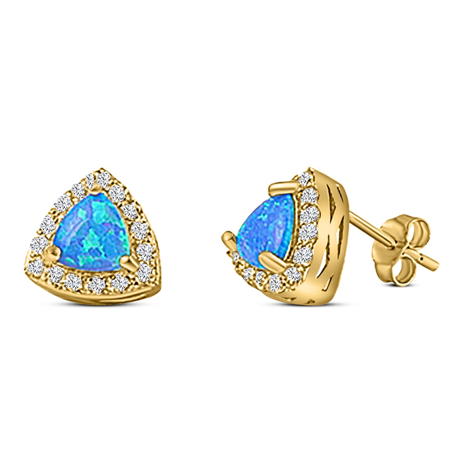Halo Art Deco Trillion Triangle Stud Earring Created Opal Solid 925 Sterling Silver (9mm)