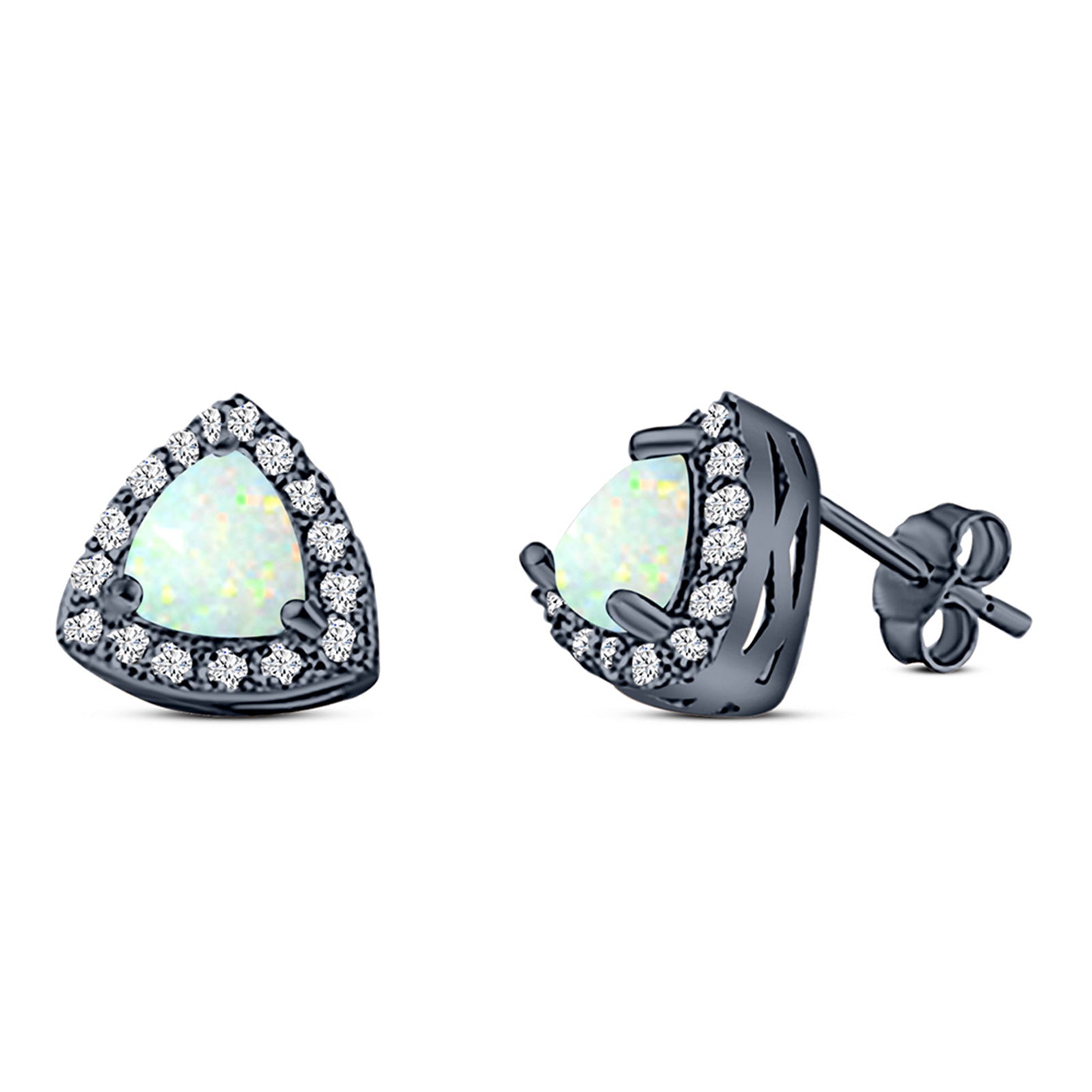 Halo Art Deco Trillion Triangle Stud Earring Created Opal Solid 925 Sterling Silver (9mm)