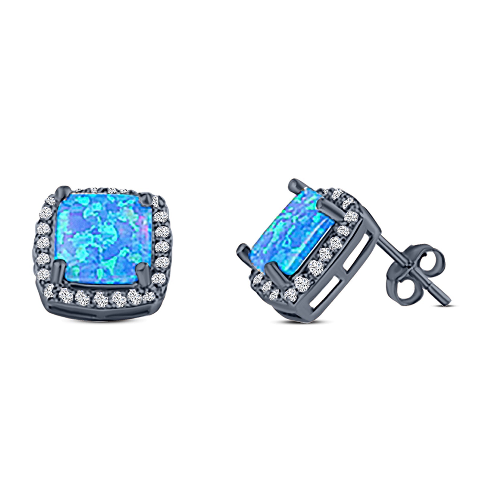 Halo Art Deco Cushion Cut Stud Earring Created Opal Solid 925 Sterling Silver (11mm)