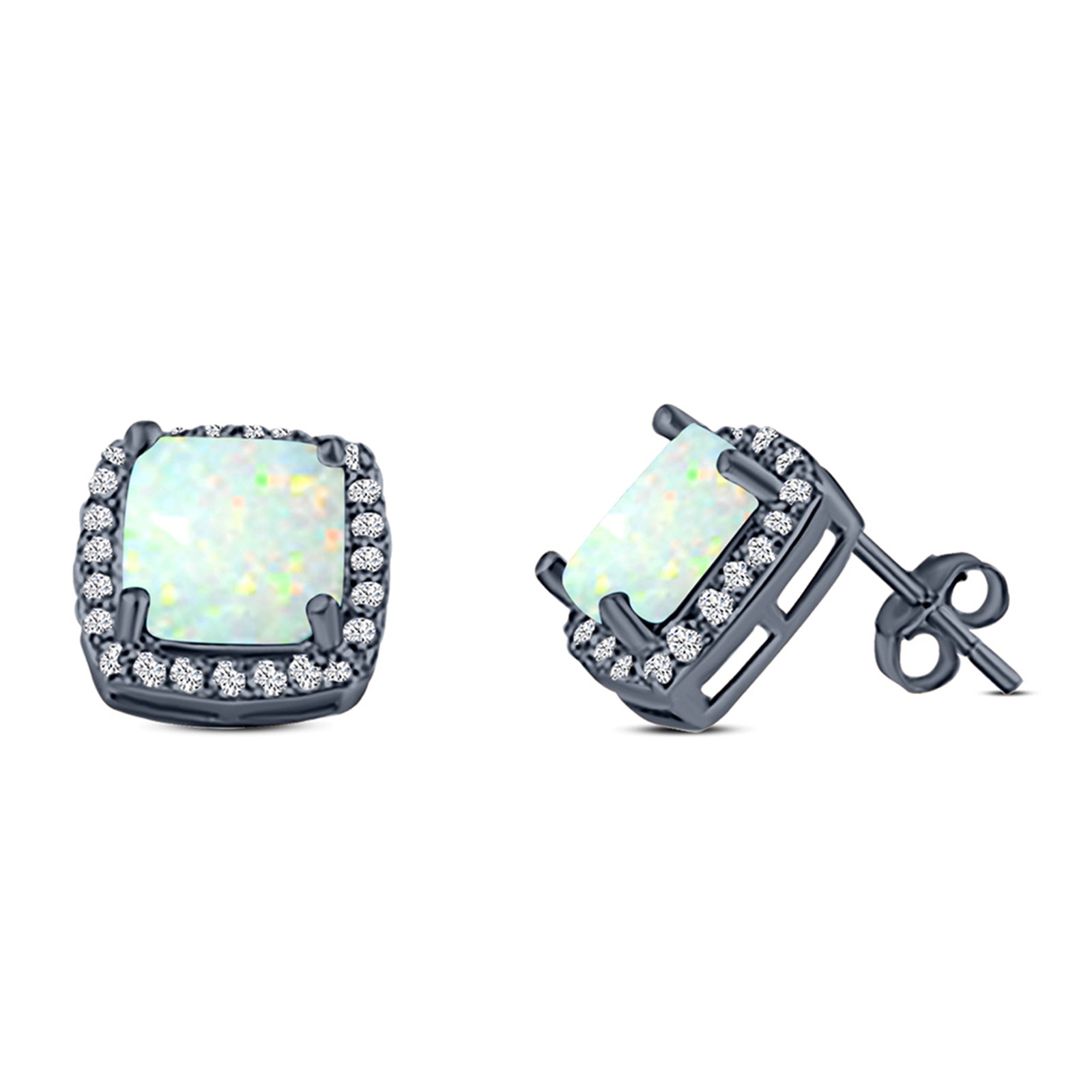 Halo Art Deco Cushion Cut Stud Earring Created Opal Solid 925 Sterling Silver (11mm)