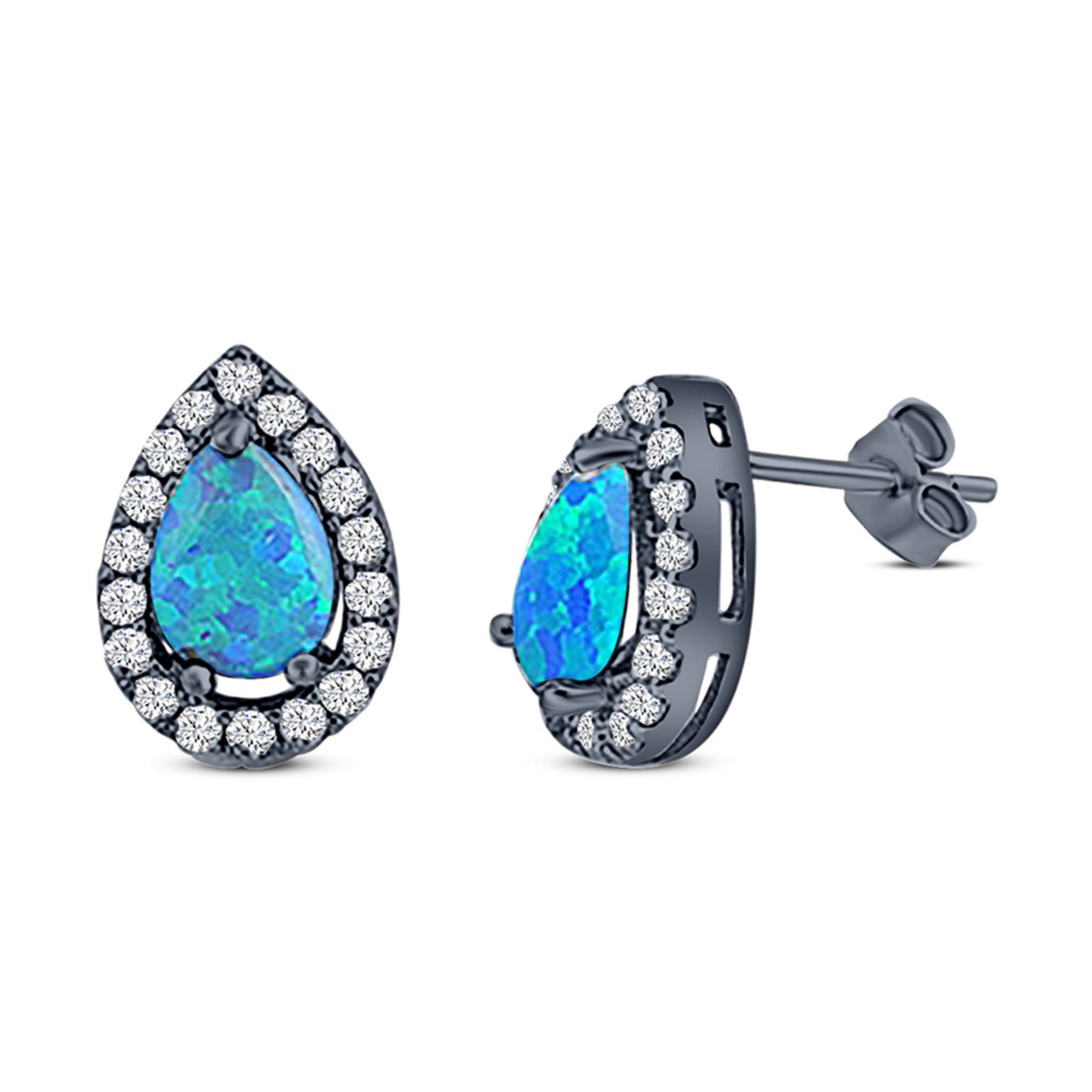 Halo Teardrop Bridal Pear Stud Earring Created Opal Solid 925 Sterling Silver (13mm)