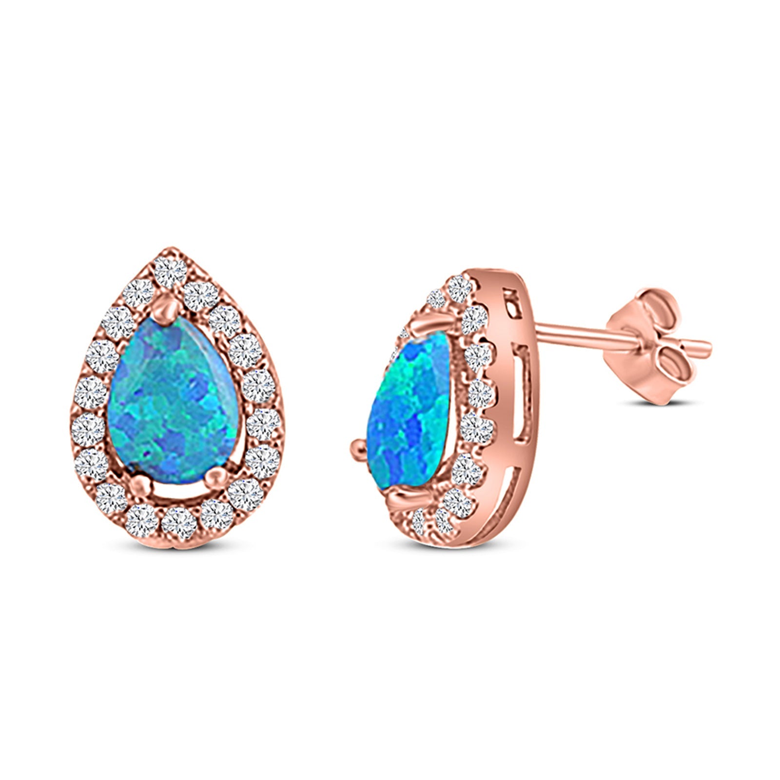 Halo Teardrop Bridal Pear Stud Earring Created Opal Solid 925 Sterling Silver (13mm)