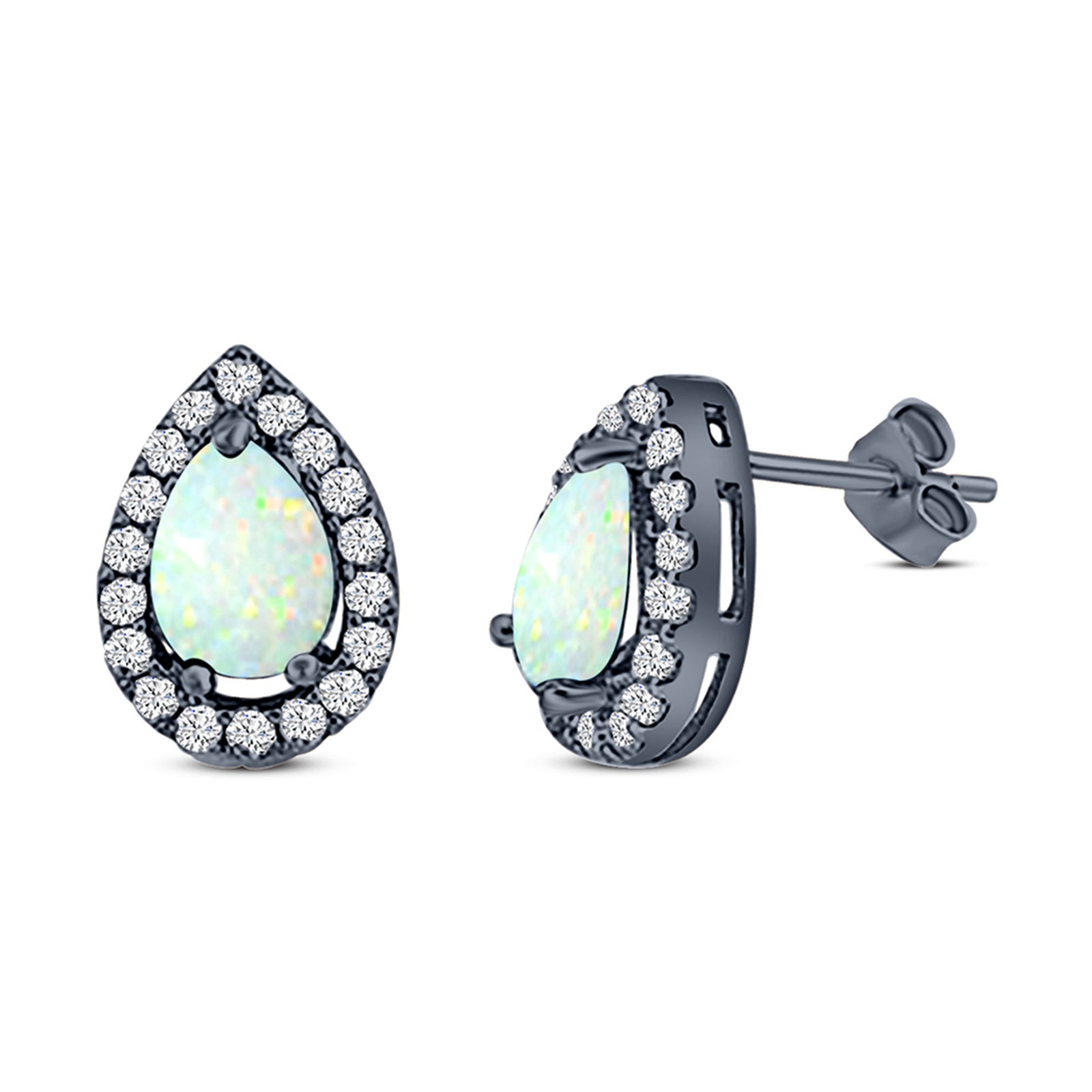 Halo Teardrop Bridal Pear Stud Earring Created Opal Solid 925 Sterling Silver (13mm)