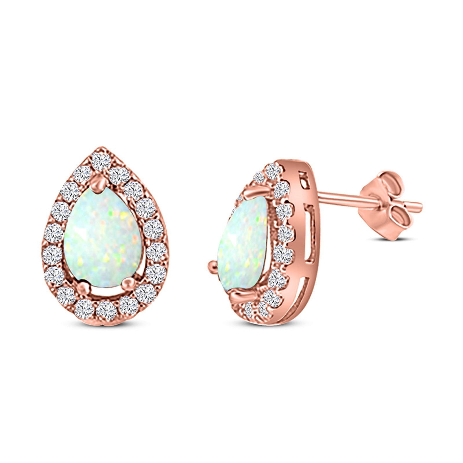 Halo Teardrop Bridal Pear Stud Earring Created Opal Solid 925 Sterling Silver (13mm)
