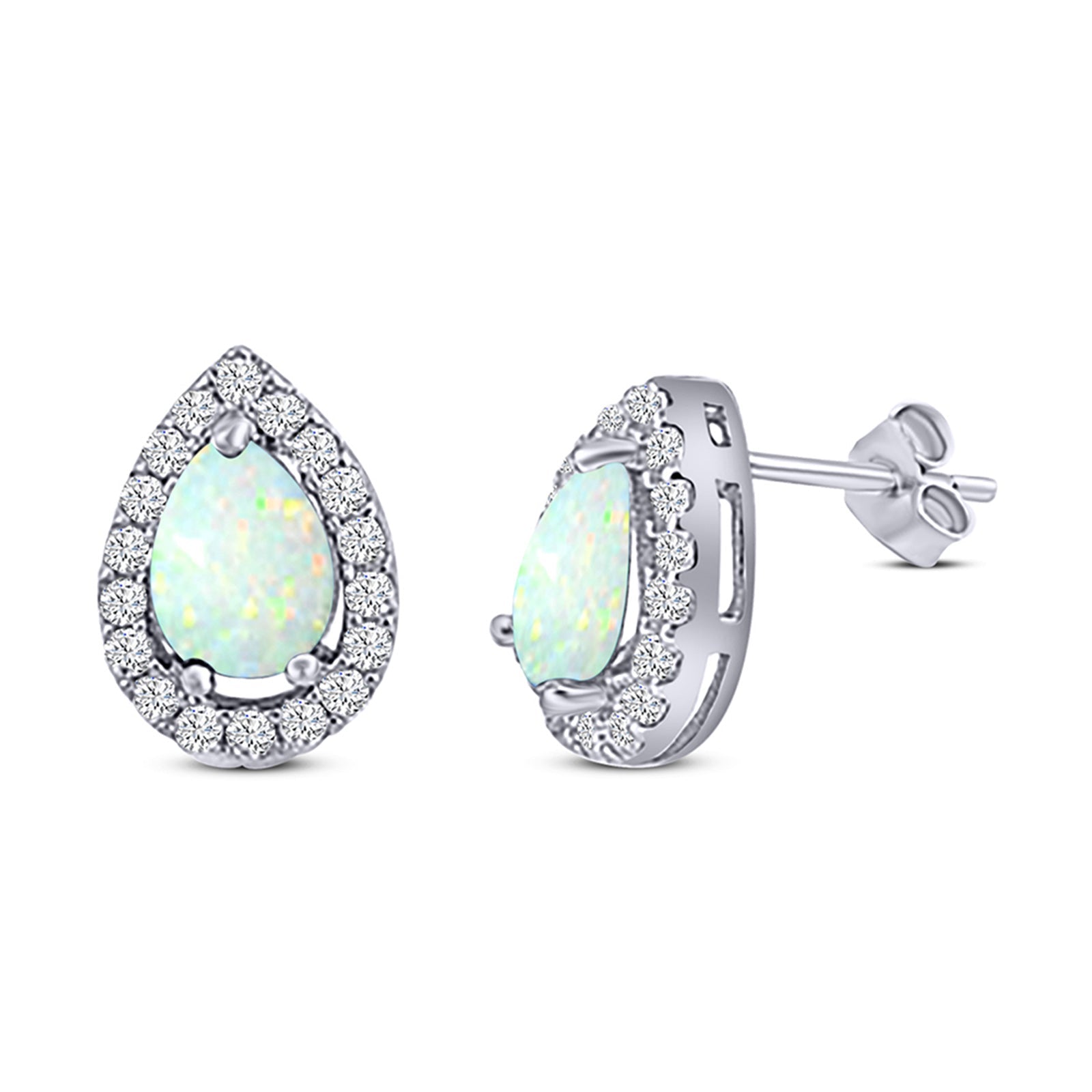 Halo Teardrop Bridal Pear Stud Earring Created Opal Solid 925 Sterling Silver (13mm)