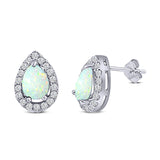 Halo Teardrop Bridal Pear Stud Earring Created Opal Solid 925 Sterling Silver (13mm)