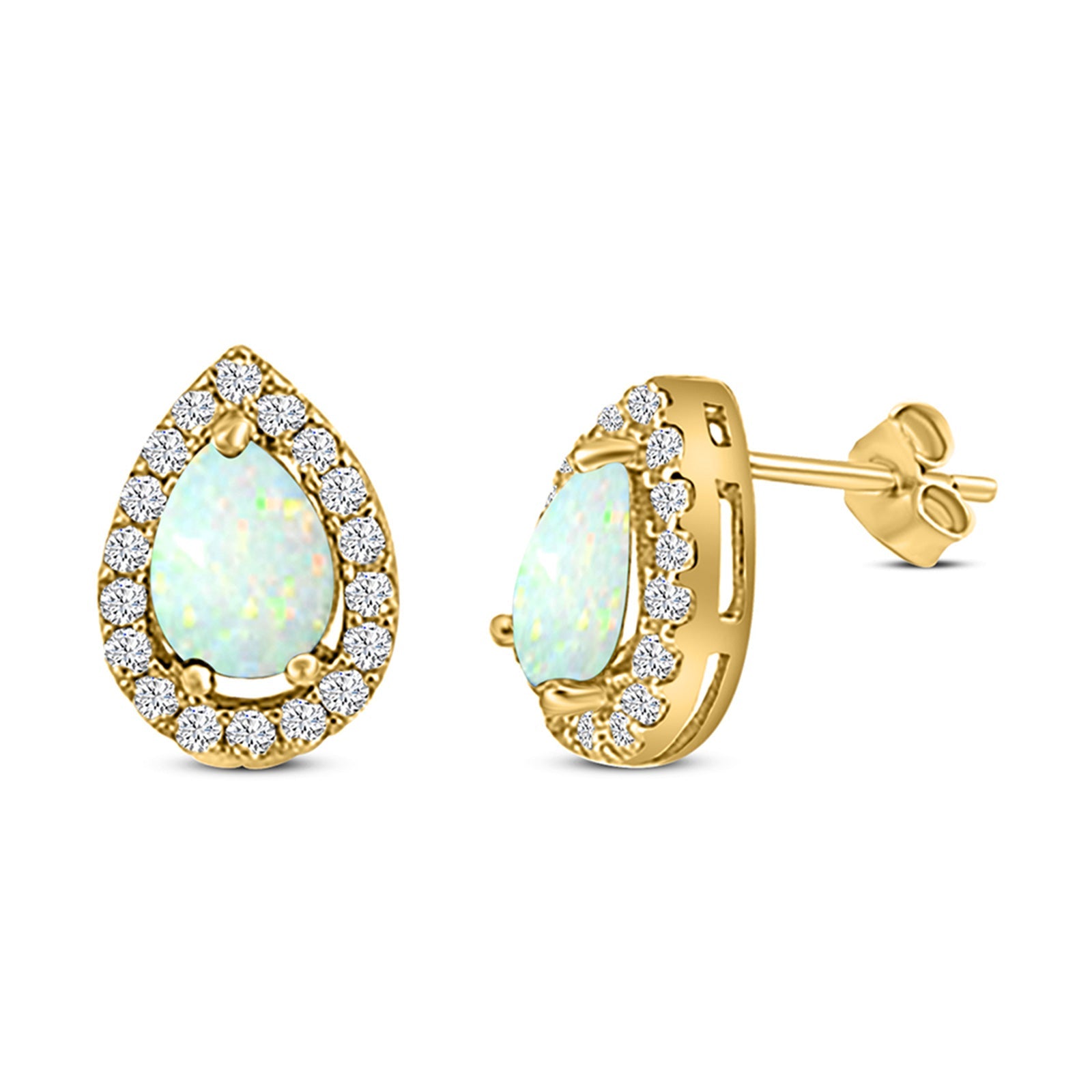 Halo Teardrop Bridal Pear Stud Earring Created Opal Solid 925 Sterling Silver (13mm)