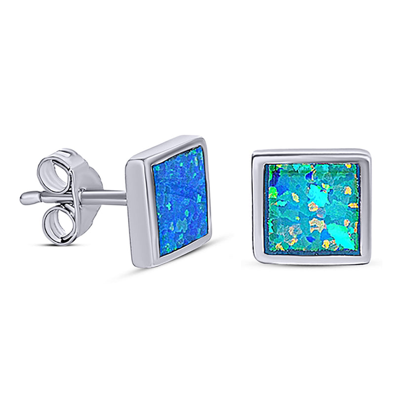Princess Stud Earring Created Opal Solid 925 Sterling Silver (8mm)