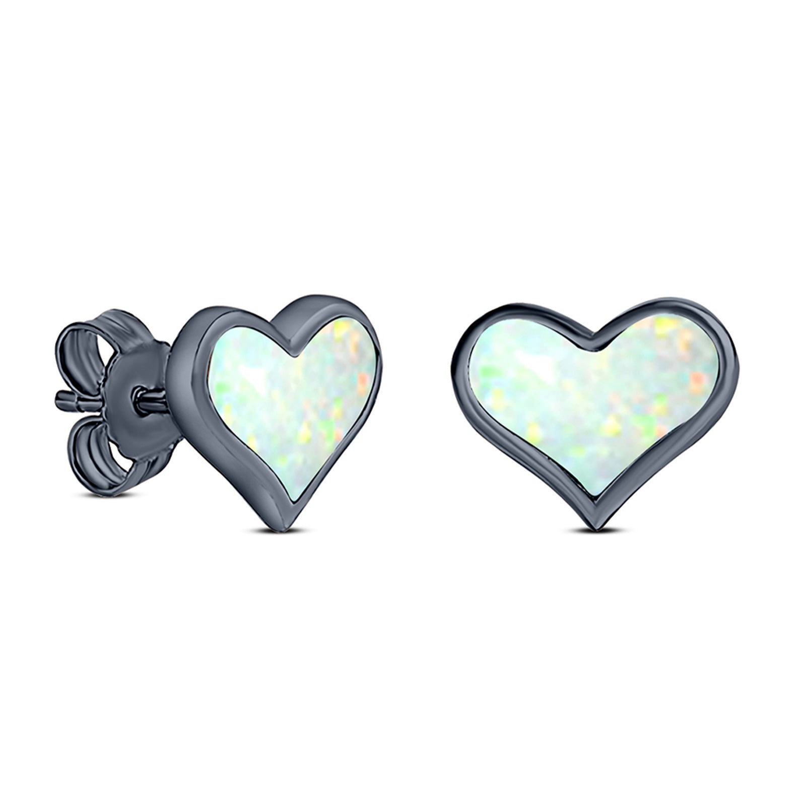 Heart Stud Earring Created Opal Solid 925 Sterling Silver (9mm)