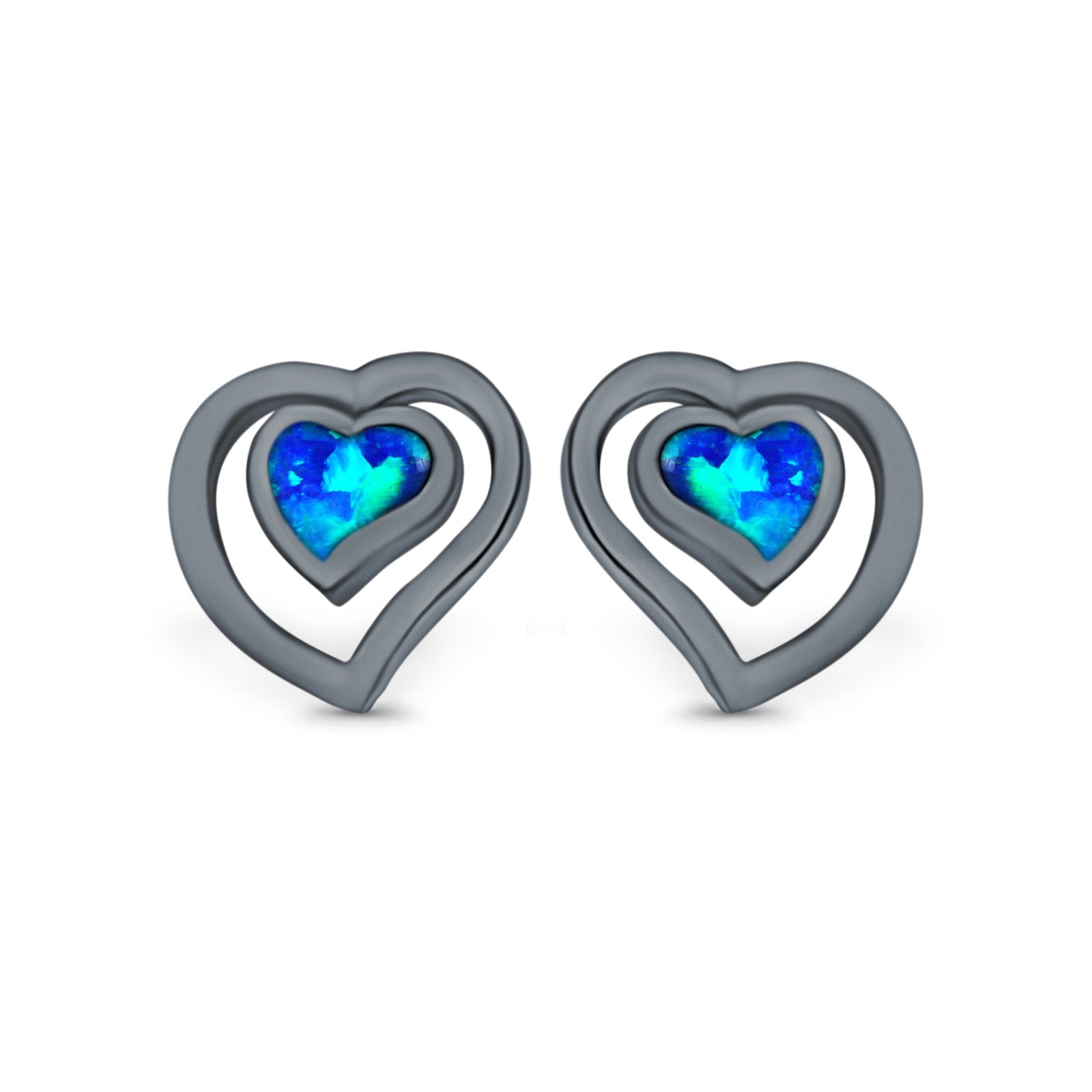 Heart Stud Earrings Lab Created Opal 925 Sterling Silver (11mm)