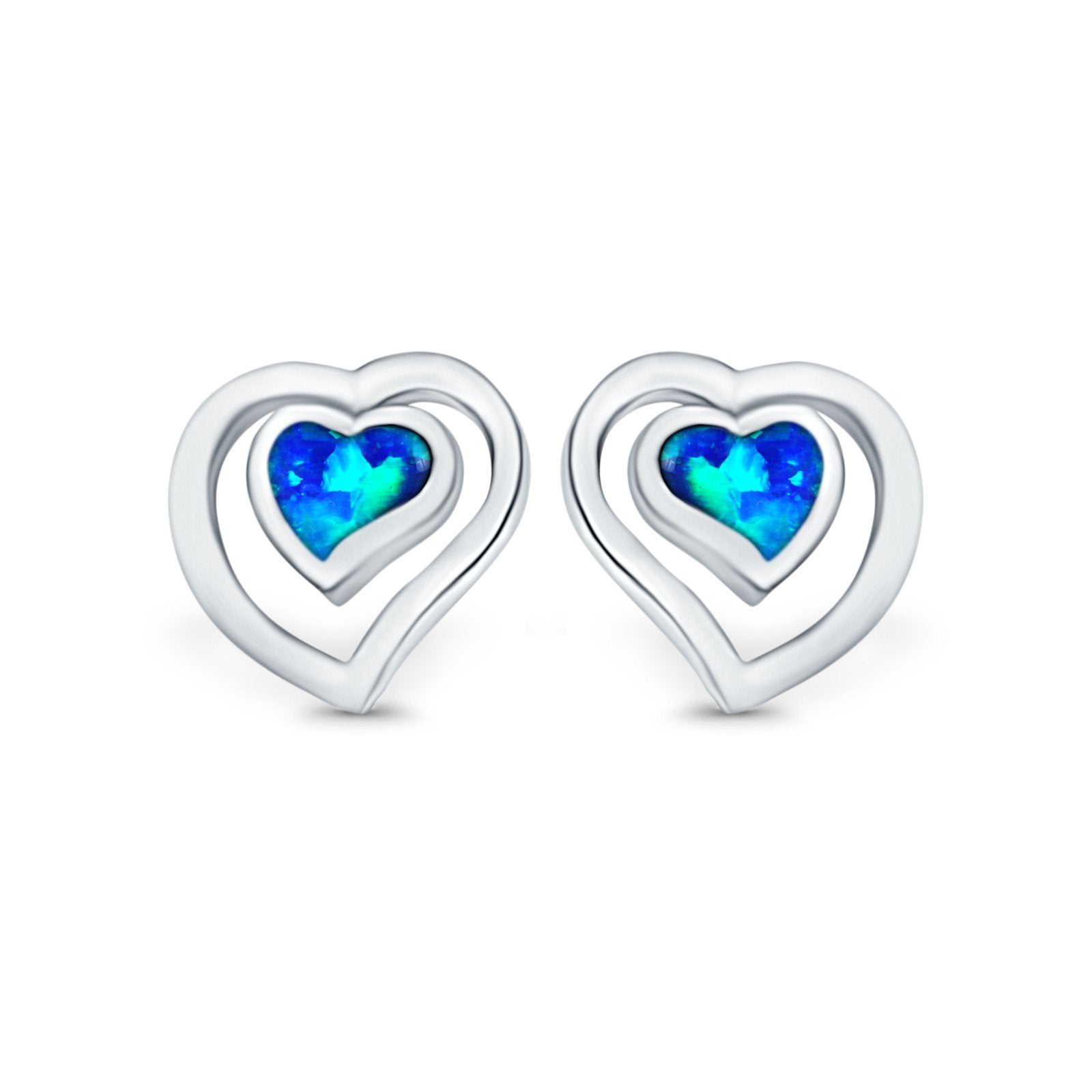 Heart Stud Earrings Lab Created Opal 925 Sterling Silver (11mm)