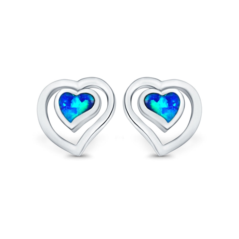 Heart Stud Earrings Lab Created Opal 925 Sterling Silver (11mm)