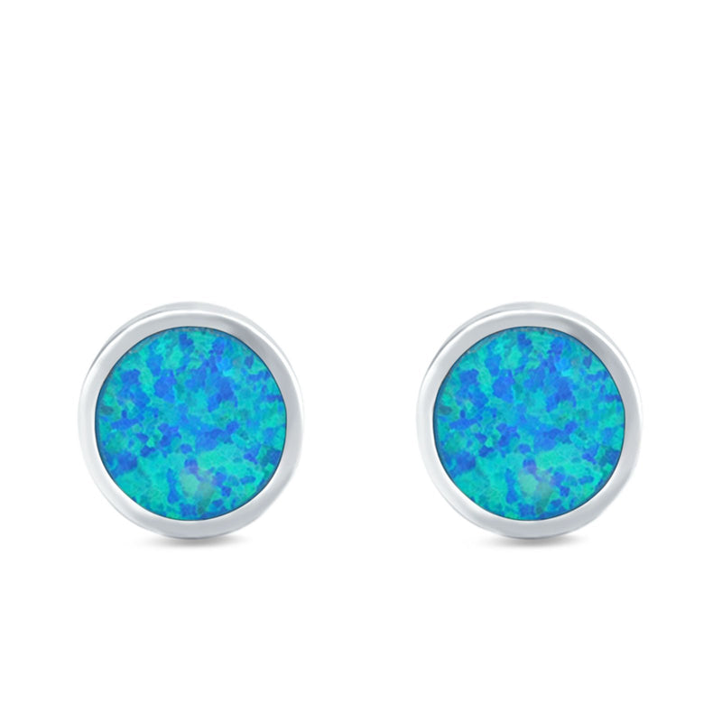 Bezel Round Stud Earrings Created Opal 925 Sterling Silver (10mm)