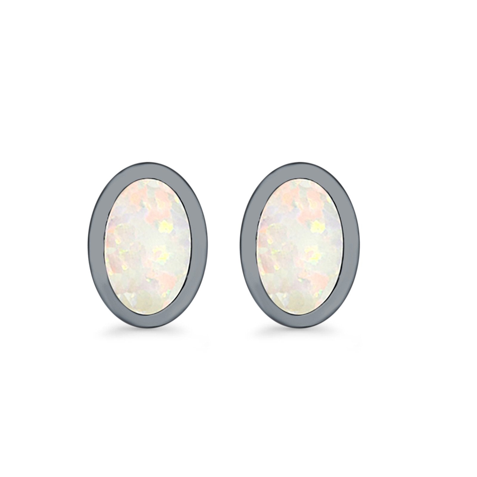 Oval Stud Earrings Lab Created Opal 925 Sterling Silver (7mm)