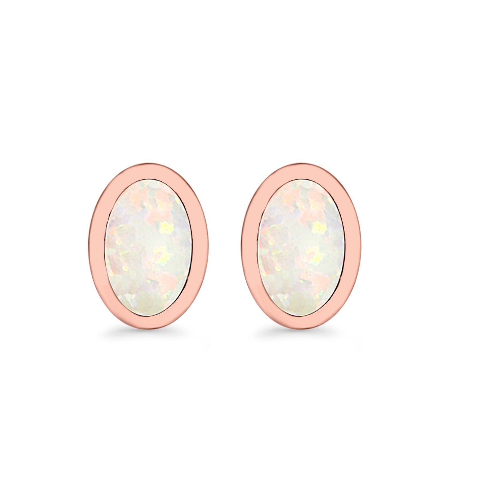 Oval Stud Earrings Lab Created Opal 925 Sterling Silver (7mm)