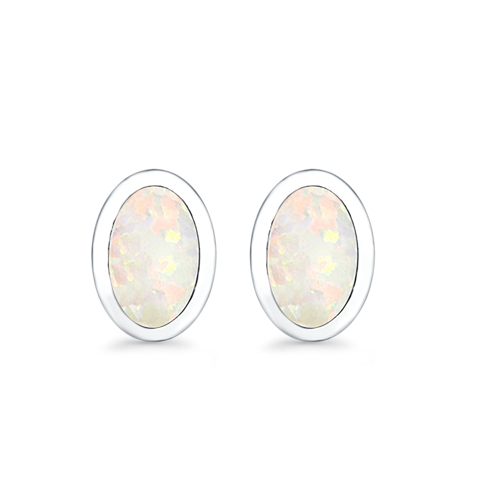 Oval Stud Earrings Lab Created Opal 925 Sterling Silver (7mm)