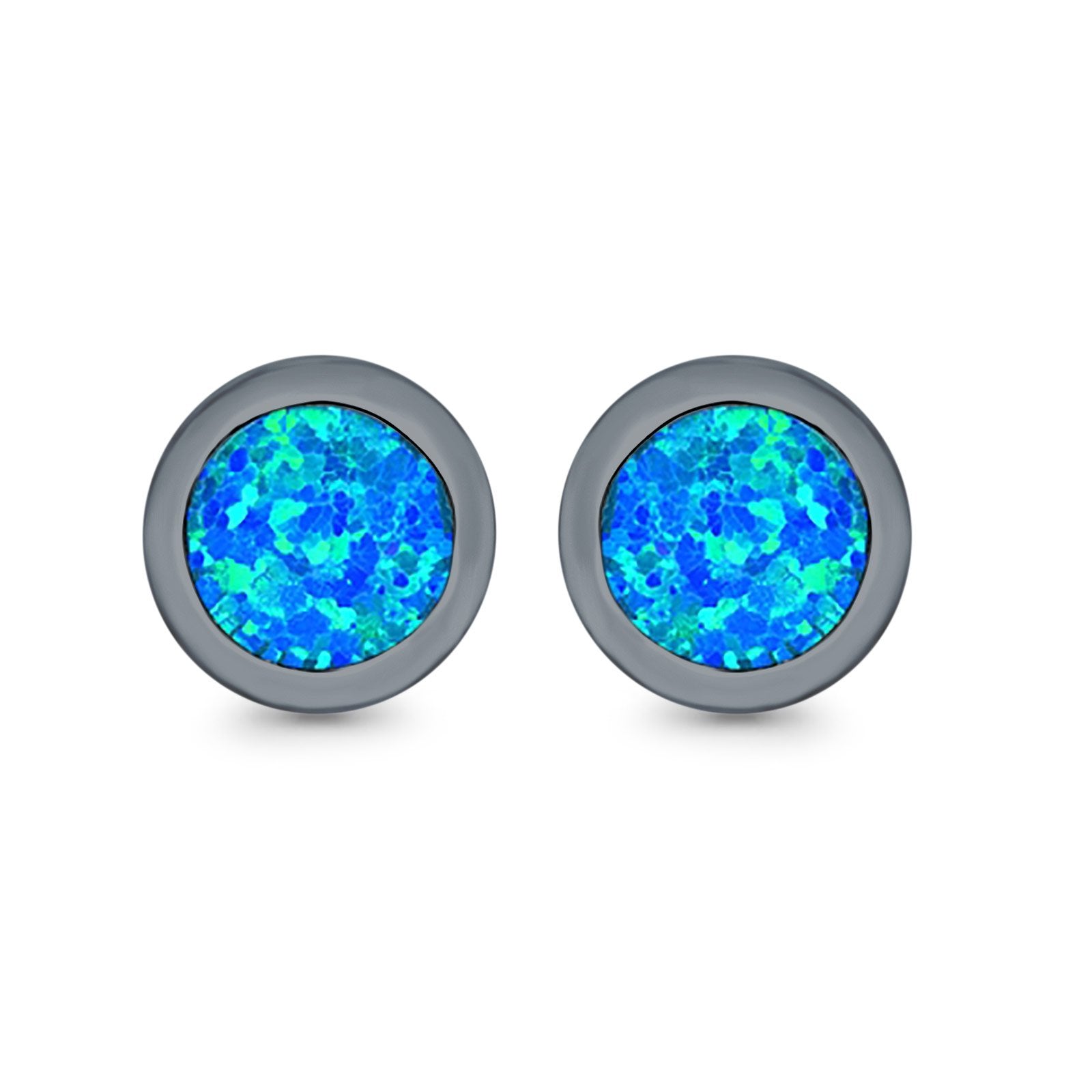 Round Stud Earrings Lab Created Opal 925 Sterling Silver (7mm)