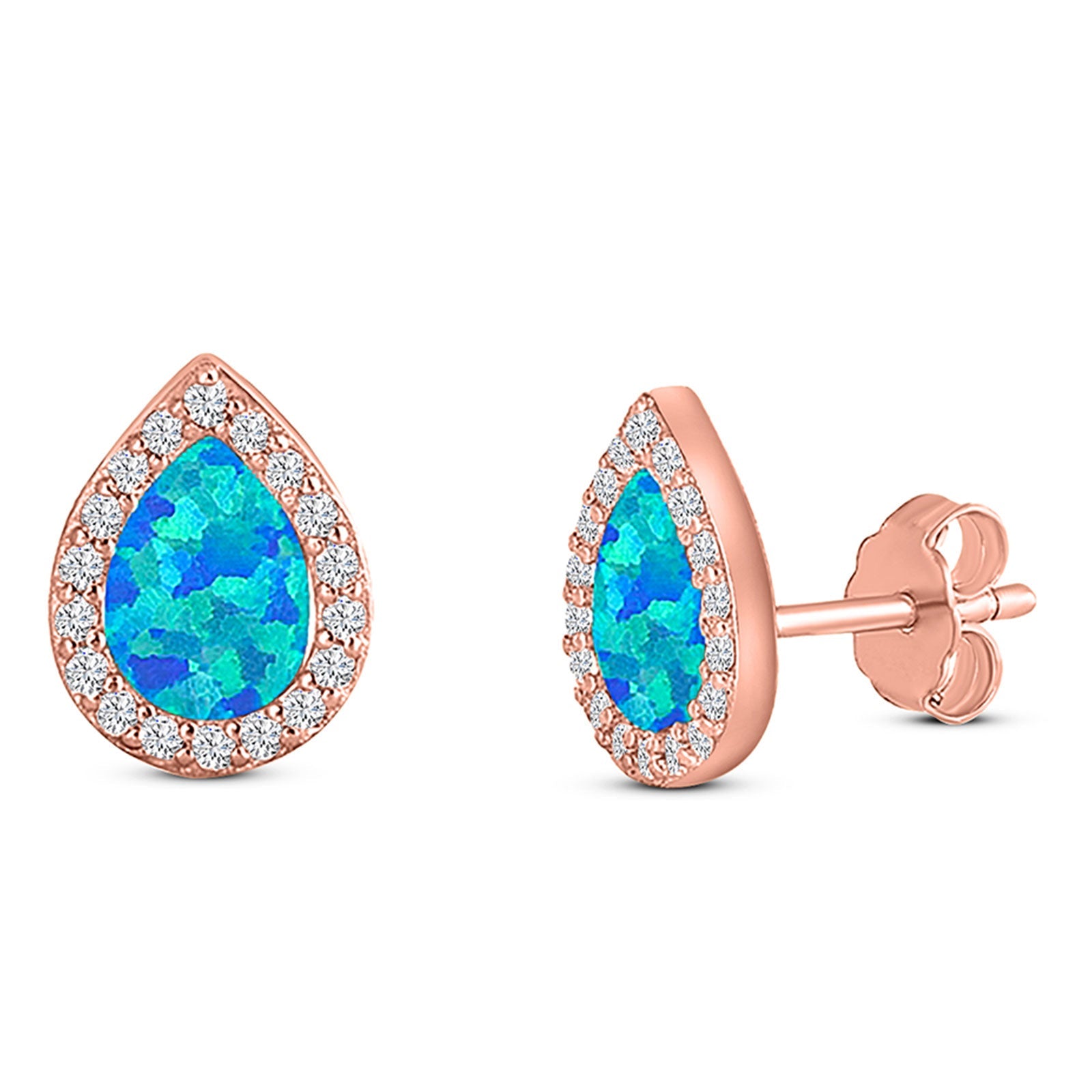 Halo Pear Stud Earring Simulated Cubic Zirconia Created Opal Solid 925 Sterling Silver (11mm)