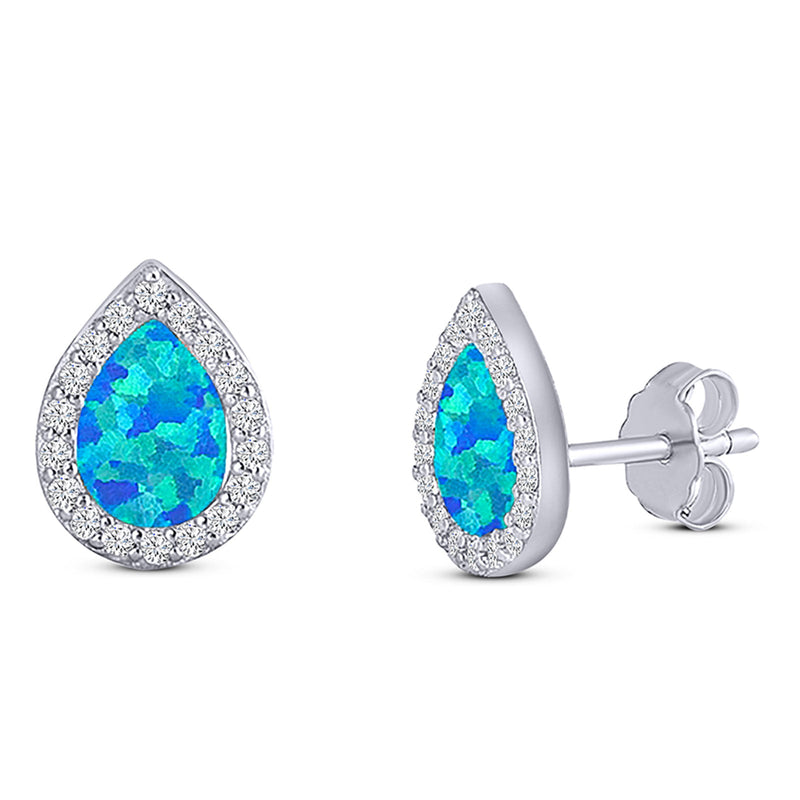 Halo Pear Stud Earring Simulated Cubic Zirconia Created Opal Solid 925 Sterling Silver (11mm)