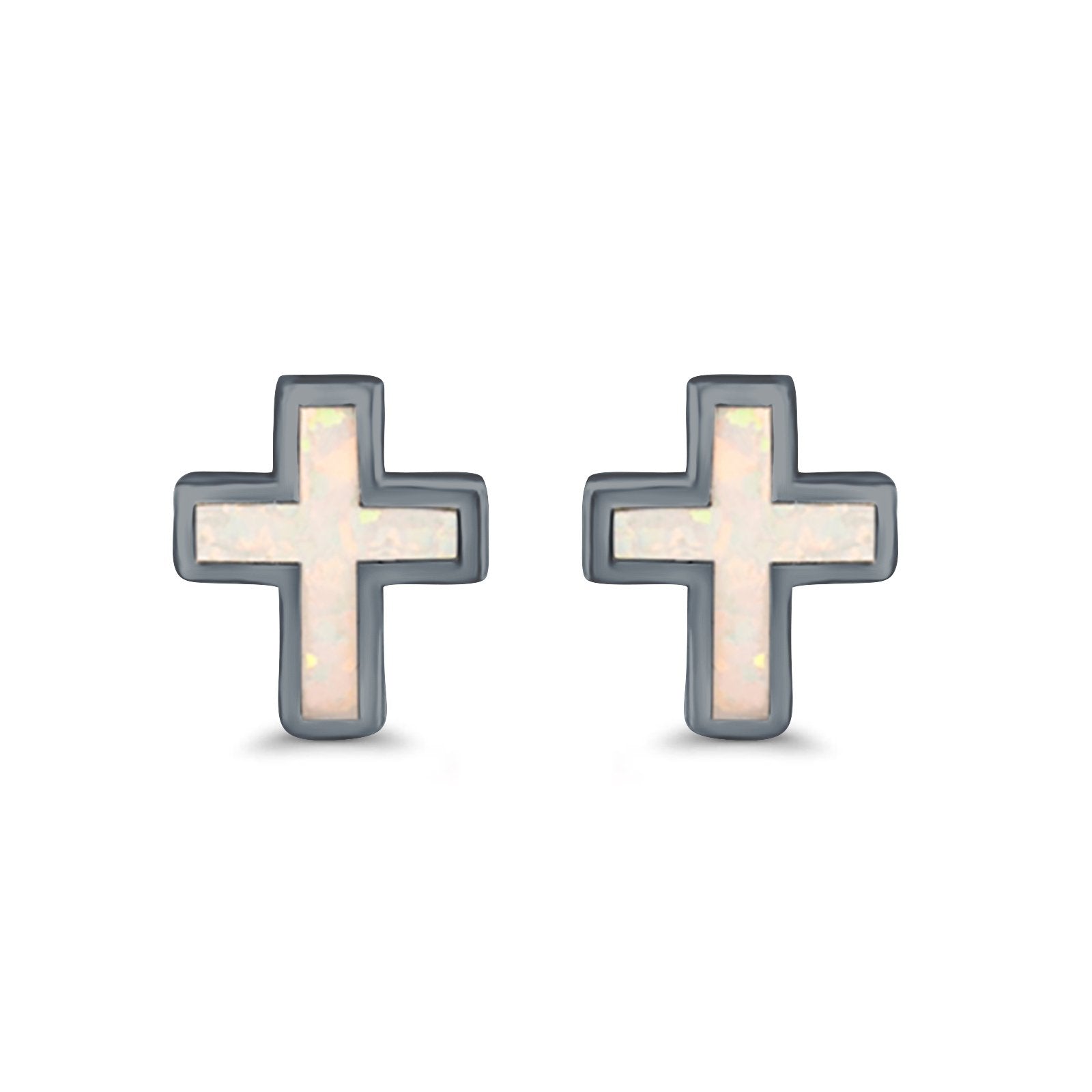 Cross Stud Earrings Lab Created Opal 925 Sterling Silver (14mm)