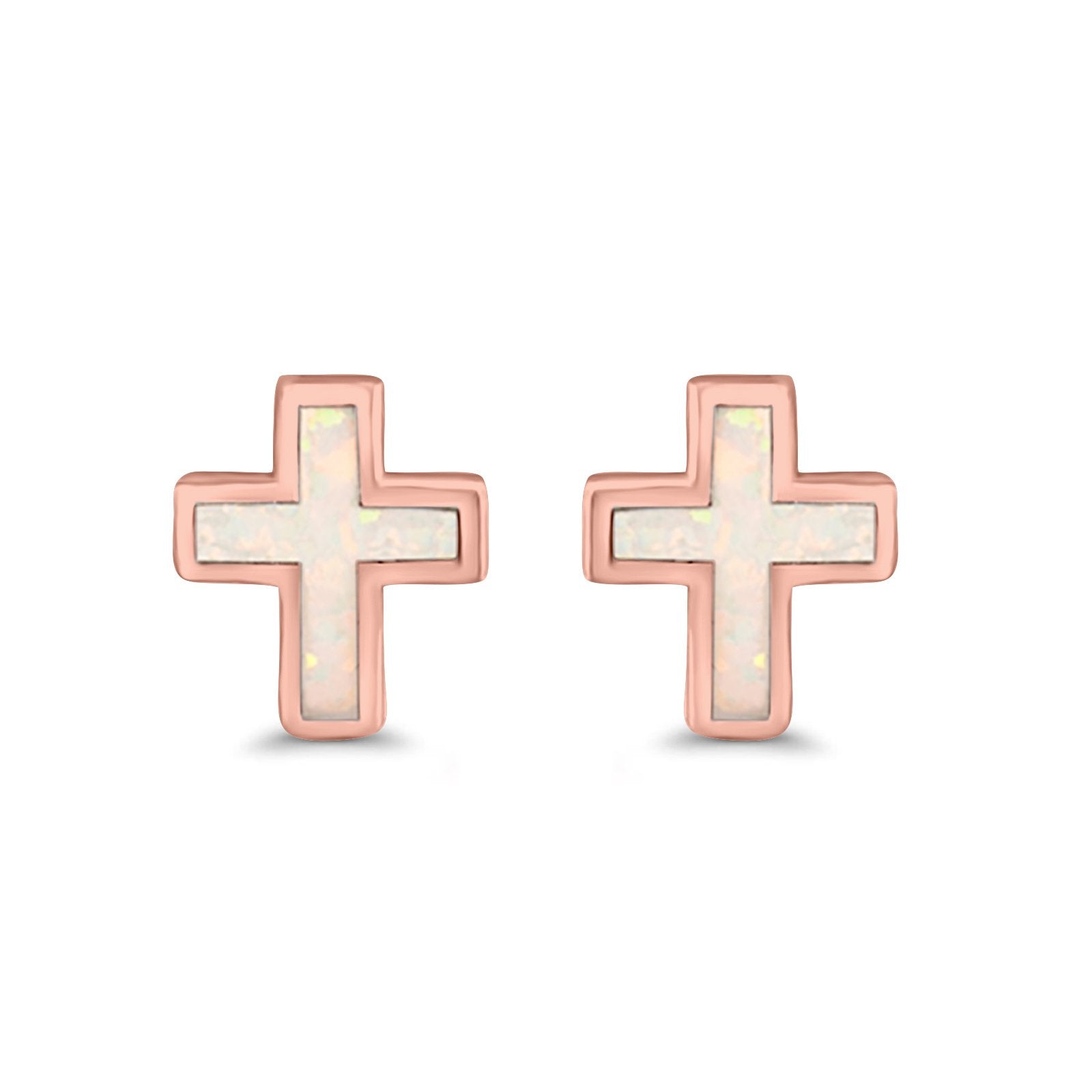 Cross Stud Earrings Lab Created Opal 925 Sterling Silver (14mm)