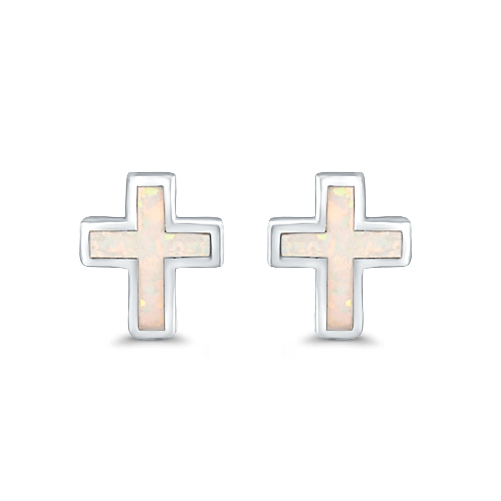 Cross Stud Earrings Lab Created Opal 925 Sterling Silver (14mm)