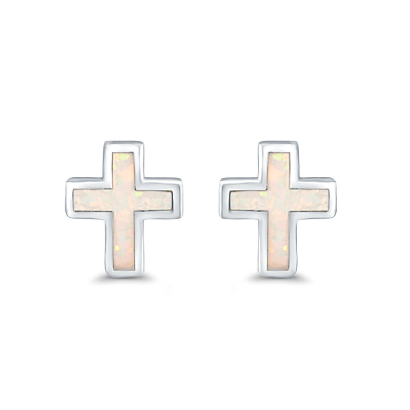Cross Stud Earrings Lab Created Opal 925 Sterling Silver (14mm)