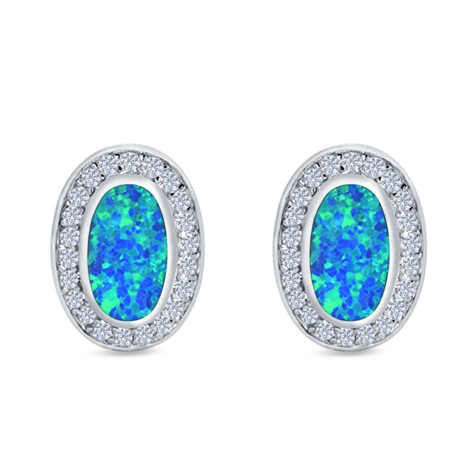 Halo Oval Stud Earrings Created Opal 925 Sterling Silver (16mm)