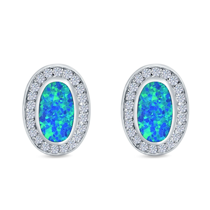 Halo Oval Stud Earrings Created Opal 925 Sterling Silver (16mm)