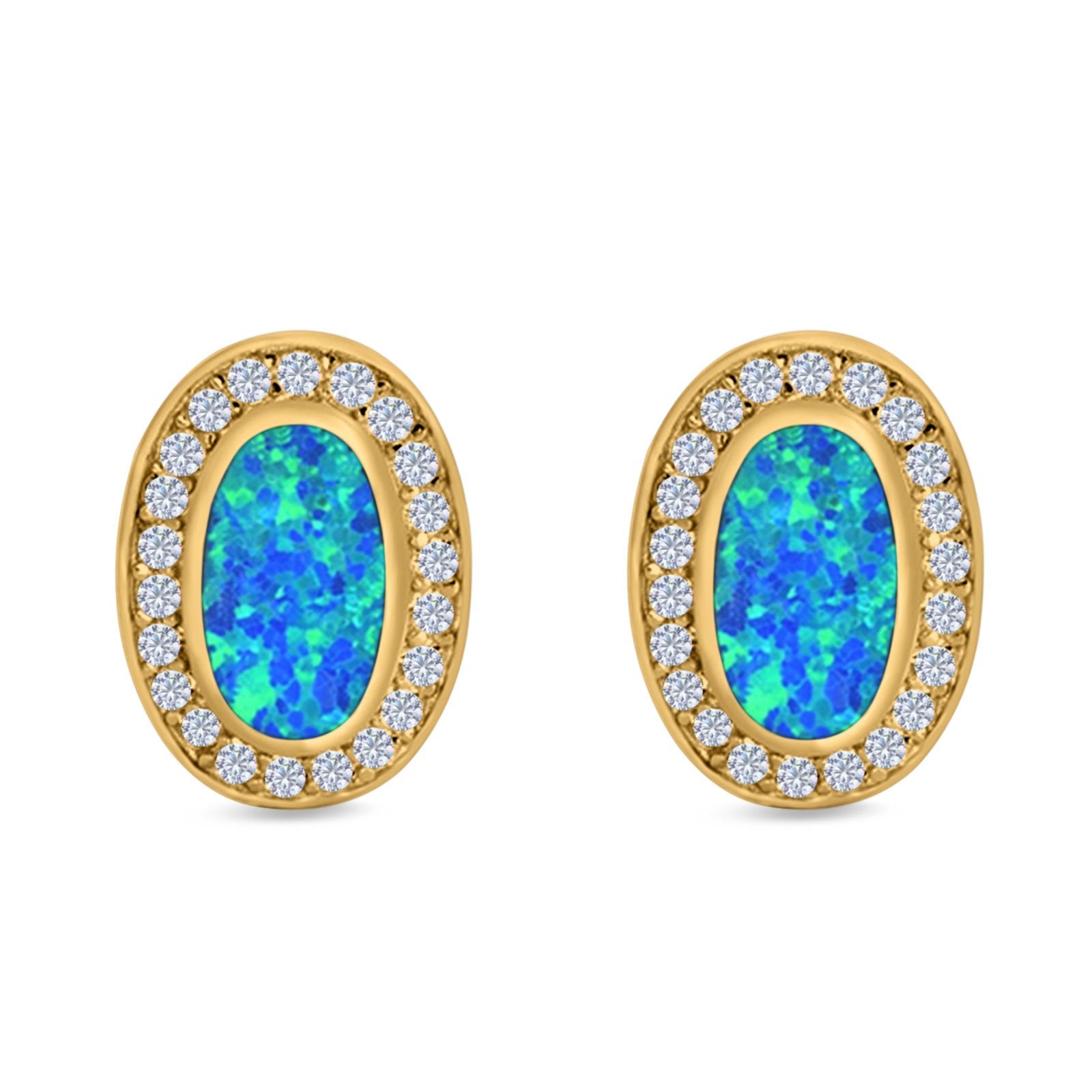 Halo Oval Stud Earrings Created Opal 925 Sterling Silver (16mm)