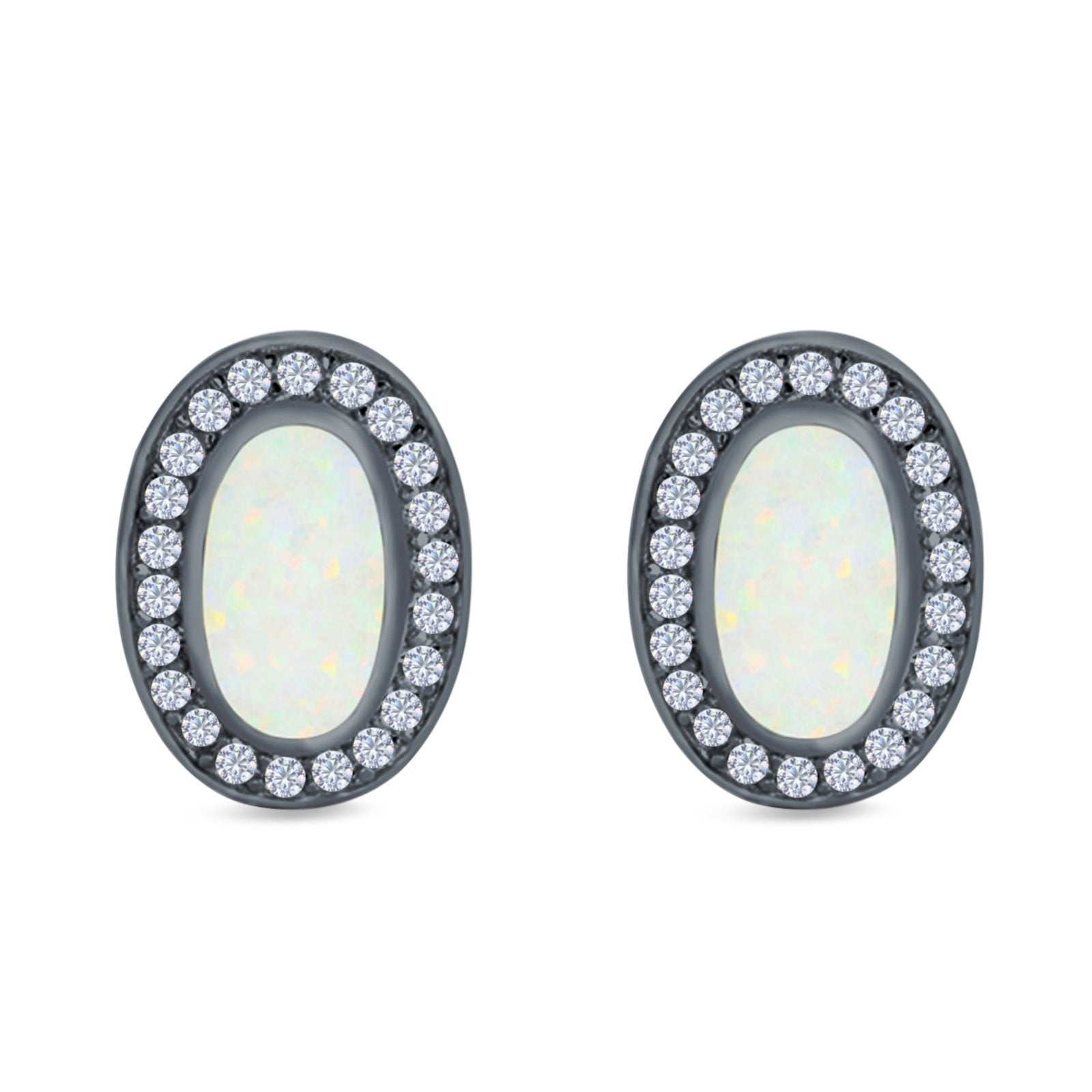 Halo Oval Stud Earrings Created Opal 925 Sterling Silver (16mm)